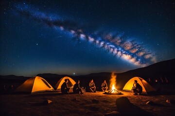 Lagerfeuer unter dem Sternenhimmel in der Wüste, Camping mit Freunden und der Milchstraße bei Nacht