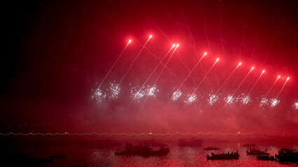 Red Fireworks Over the Sacred Ganga River in Varanasi