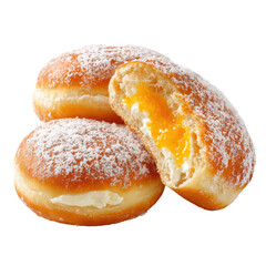 Freshly baked cream-filled donuts dusted with powdered sugar on a white background isolated on transparent background