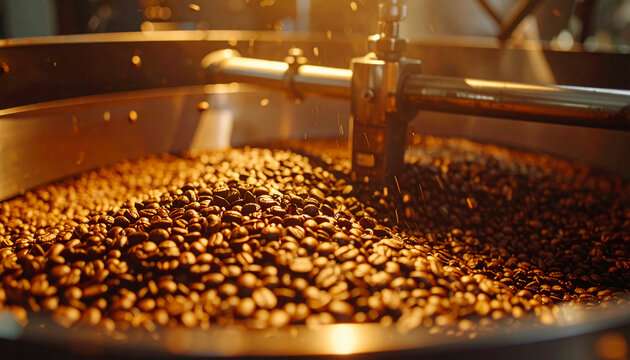 A close-up view of freshly roasted coffee beans in a roasting machine, showcasing their rich color and shiny surface.