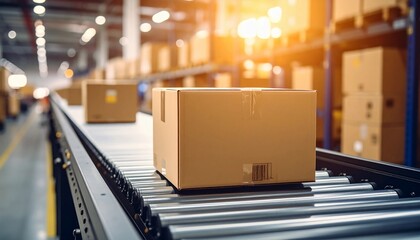 A cardboard box moves along a conveyor belt in a warehouse, surrounded by other packages, illuminated by warm light from overhead fixtures.