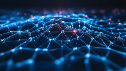 AI neural network. Glowing nodes and connections illustrate artificial intelligence, big data processing, machine learning, and modern technology networks in dynamic 3D visualization