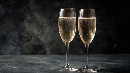 Two elegant champagne flutes filled with bubbly golden liquid sparkle against a dark, textured backdrop perfect for celebration