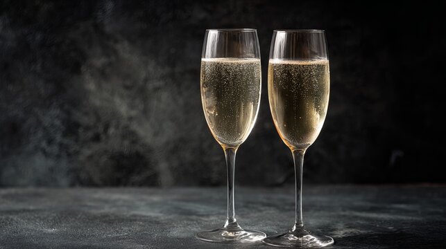 Two elegant champagne flutes filled with bubbly golden liquid sparkle against a dark, textured backdrop perfect for celebration - Powered by Adobe