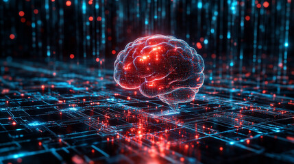 AI neural network. Glowing nodes and connections illustrate artificial intelligence, big data processing, machine learning, and modern technology networks in dynamic 3D visualization