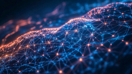 AI neural network. Glowing nodes and connections illustrate artificial intelligence, big data processing, machine learning, and modern technology networks in dynamic 3D visualization