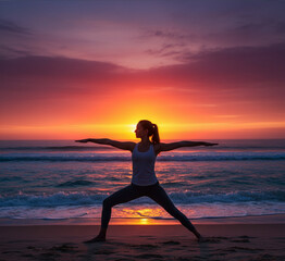 illustration - A woman doing yoga on the beach during sunset