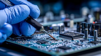 Precision soldering on intricate microchip circuit board, a skilled technician ensures technological advancement and innovation.