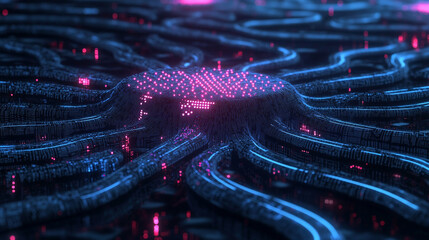 AI neural network. Glowing nodes and connections illustrate artificial intelligence, big data processing, machine learning, and modern technology networks in dynamic 3D visualization