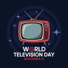 Vector art of vintage television with antennas, set against a dark blue background with stars and concentric circles, marking world television day