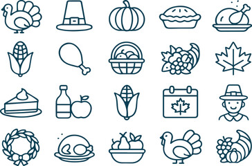 Thanksgiving day line icon set isolated on white background collection of traditional holiday symbols such as turkey, pumpkin, pie, cornucopia, maple leaf and pilgrim hat
