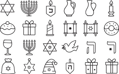 Hanukkah line icon set isolated on white background collection of traditional jewish holiday symbols such as menorah, star of david, dreidel, gift and donut