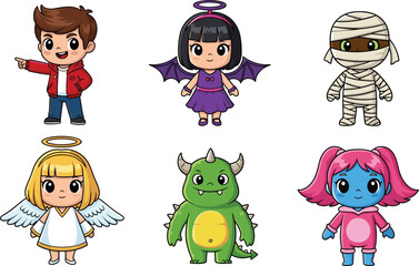 Cute kids in Halloween costumes, cartoon children dressed as angel, monster, vampire, mummy, devil, colorful characters, fun illustration vector