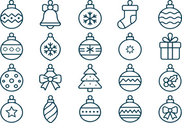 Set of christmas ornament icons isolated on white background includes various designs such as baubles, bells, stockings, gifts, and christmas tree