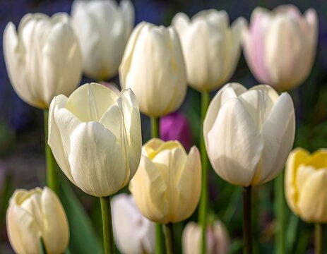 A close-up shows several white and yellow tulips in full bloom
