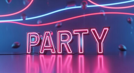 Naklejka premium A vibrant and eyecatching 3d render featuring the word party in glowing pink neon letters, set against a backdrop of floating balloons and dynamic neon lines