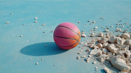 Pink basketball is sitting on a beach next to a pile of rocks. The scene is peaceful and serene, with the ball and rocks creating a contrast between the soft sand and the hard