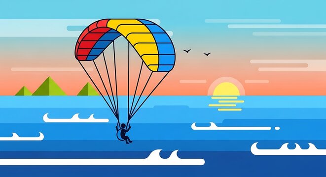 Paragliding sunset ocean view.