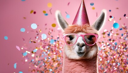 funny pink llama alpaca in sunglasses and birthday cap with confetti flying all around on pastel pink background birthday card concept