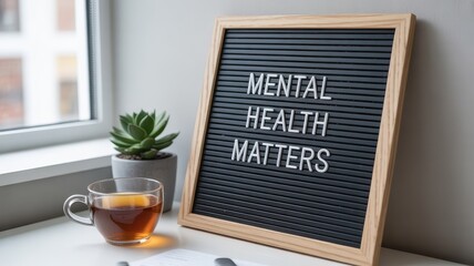 Mental health matters message on a felt board by a window
