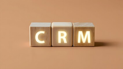 Wooden blocks spelling CRM with bright letters on a neutral background showcasing customer relationship management