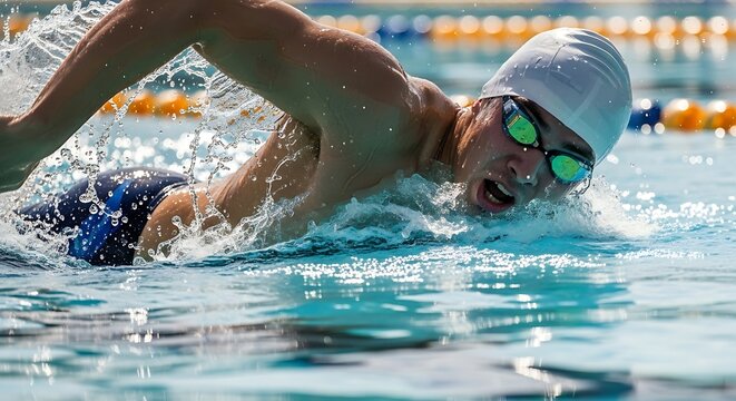 Swimmer racing pool freestyle.