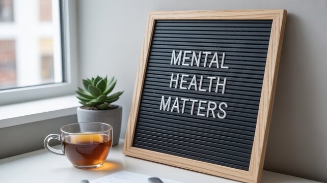 Mental health matters message on a felt board by a window