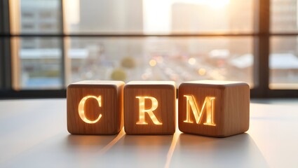 Wooden blocks spelling out CRM with an office building background in soft focus