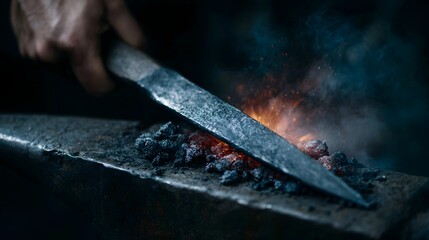 Blacksmith actively shaping a glowing hot metal blade on a textured anvil amidst a shower of sparks and rising smoke showcasing traditional