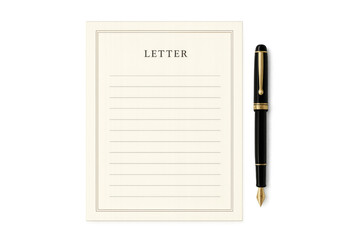Blank letter paper with elegant fountain pen, transparent background