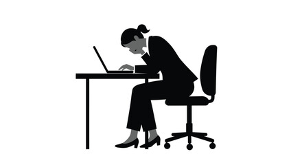 Silhouette of a professional woman working intently on a laptop at a desk