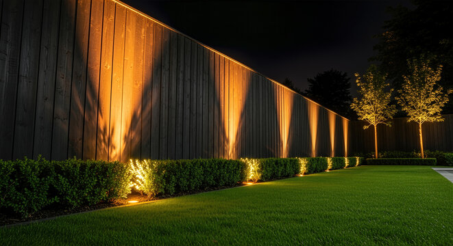 Garden landscaping illuminating modern backyard fence at night