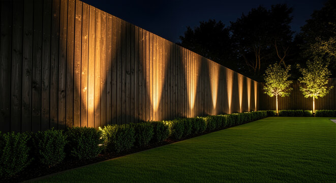 Garden fence uplighting illuminating modern landscaped lawn at night