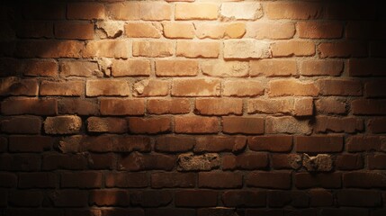 Textured red brick wall illuminated softly, creating a warm and rustic backdrop, Ideal for use in interior design, marketing materials