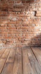 A rustic brick wall with wooden flooring creates a warm, inviting atmosphere, perfect for interior design presentations, photography backdrops, or showcasing lifestyle products,
