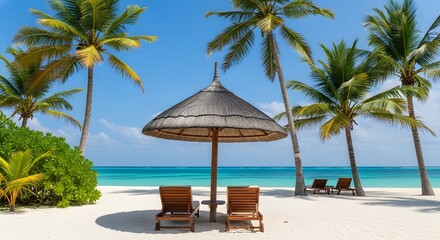 Idyllic beach scene with palm trees, sun umbrella, and lounge chairs on sand