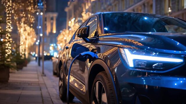 Blue electric car charging on a city street at night with festive lights in the background.