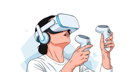 Woman experiencing virtual reality vr headset and controllers for immersive gaming and simulation tech