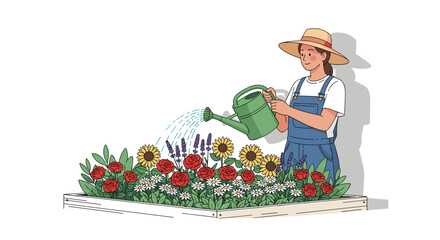 Woman gardening watering flowers in garden bed with watering can summertime outdoor activity illustration