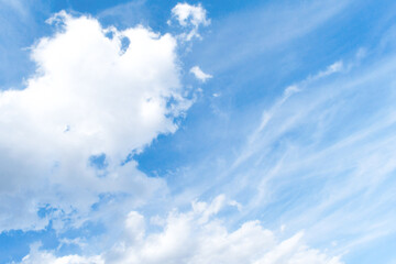 Blue sky with white fluffy cloud. Cloudscape cumulus summer soft light sky. Beautiful nature morning. Freedom of life concept.