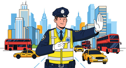 Traffic police officer controlling traffic in city with taxis and buses illustration vector design