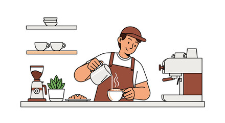 Barista pouring milk into coffee cup at cafe coffee shop espresso maker professional coffee preparation