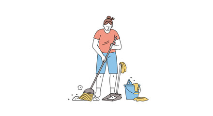 Woman cleaning floor with broom vector illustration home cleaning service housekeeping cleaning supplies sweeper