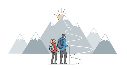 Couple hiking mountain peak adventure travel journey trekking outdoor activity destination achievement challenge