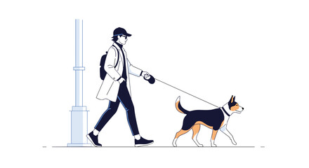 Man walking dog on leash in city street vector illustration for canine companion outdoor activity design