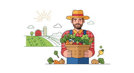 Illustration of farmer holding basket full of fresh vegetables from farm harvest organic local produce market 100