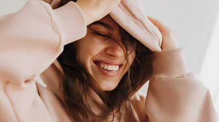 A close-up portrait of a white woman in a pink sweatshirt. The woman is laughing. Horizontal