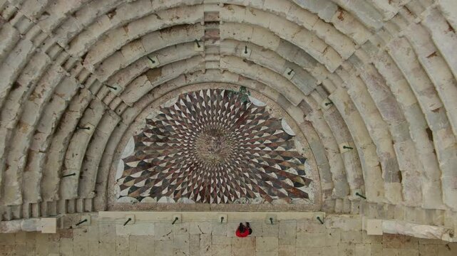 Medusa mosaic photographed by drone in the Odeon of the ancient city of Kibyra. Well-preserved Roman-era art in G&ouml;lhisar, Burdur, Turkey.