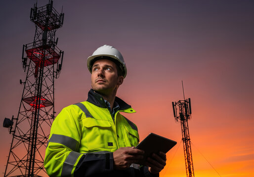 Engineer controlling communication tower maintenance at sunset