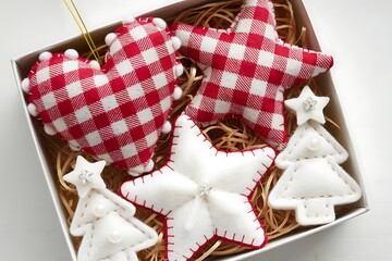A Box of Festive Handmade Christmas Ornaments with Gingham Patterns and Star Accents
